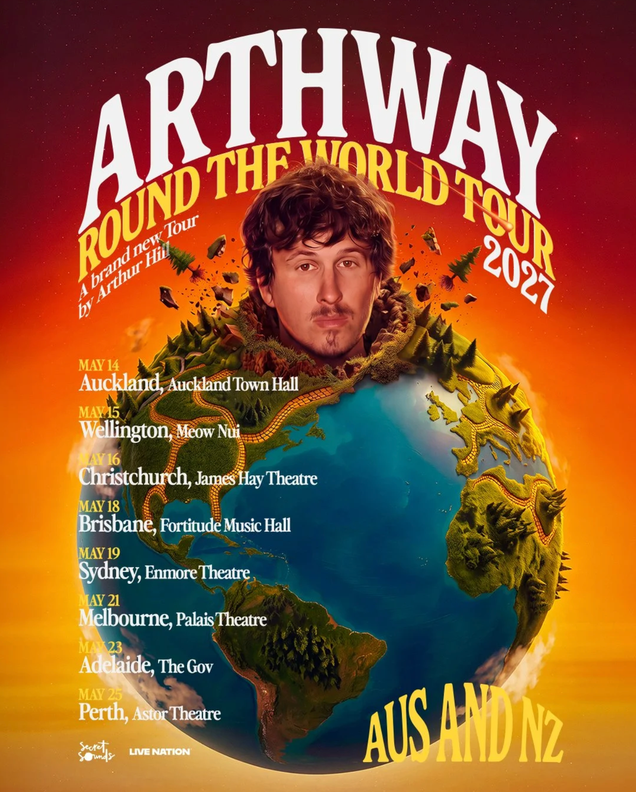 Official tour poster for Arthur Hill’s Arthway Round The World Tour 2027 in Australia and New Zealand, featuring his head emerging from the globe.